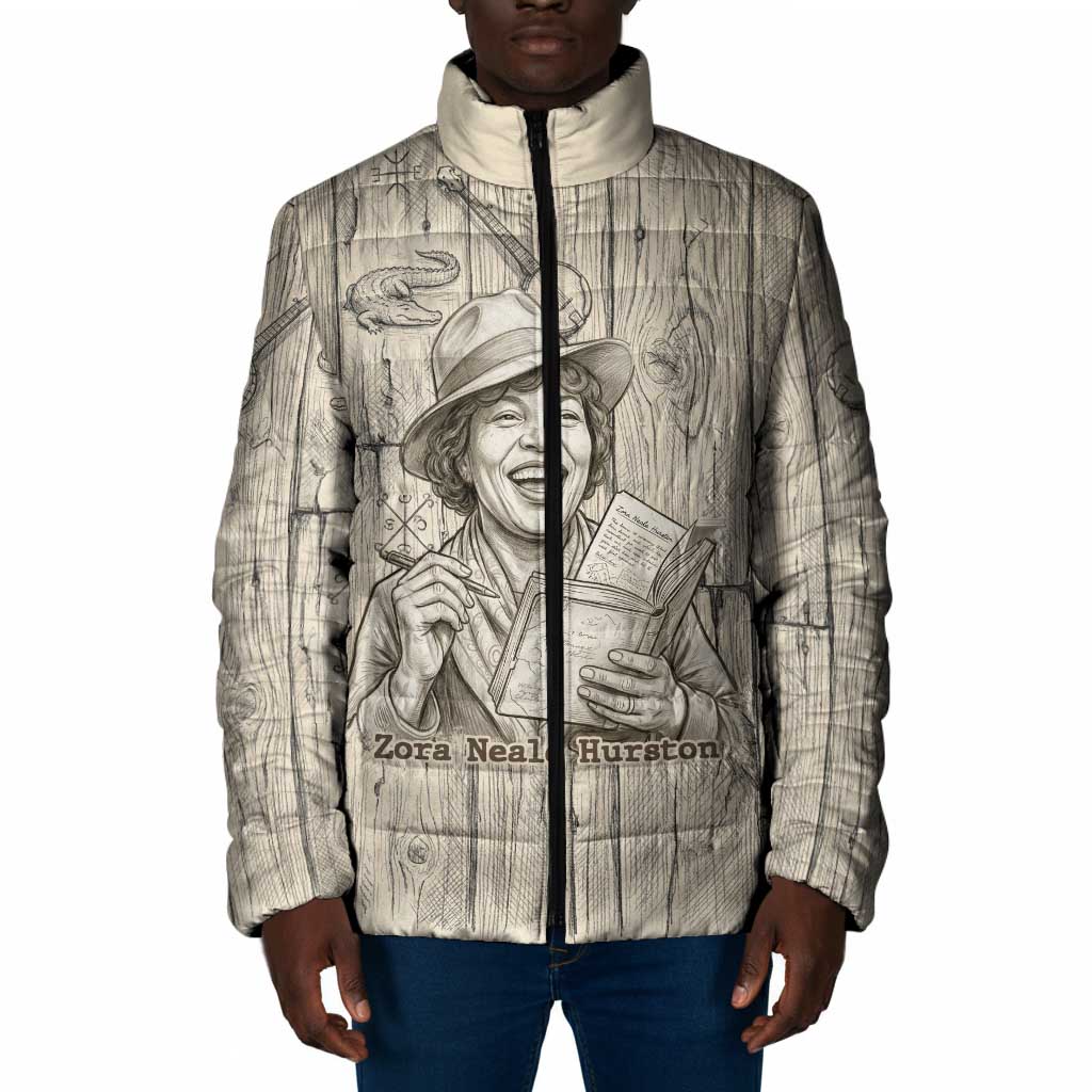 Zora Neale Hurston Padded Jacket Rustic Wood Engraved Style Illustration Joyful Portrait with Book and Map Donkey - Wonder Print Shop
