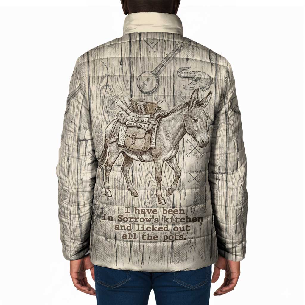 Zora Neale Hurston Padded Jacket Rustic Wood Engraved Style Illustration Joyful Portrait with Book and Map Donkey - Wonder Print Shop