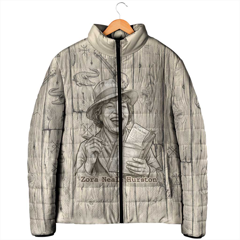Zora Neale Hurston Padded Jacket Rustic Wood Engraved Style Illustration Joyful Portrait with Book and Map Donkey - Wonder Print Shop
