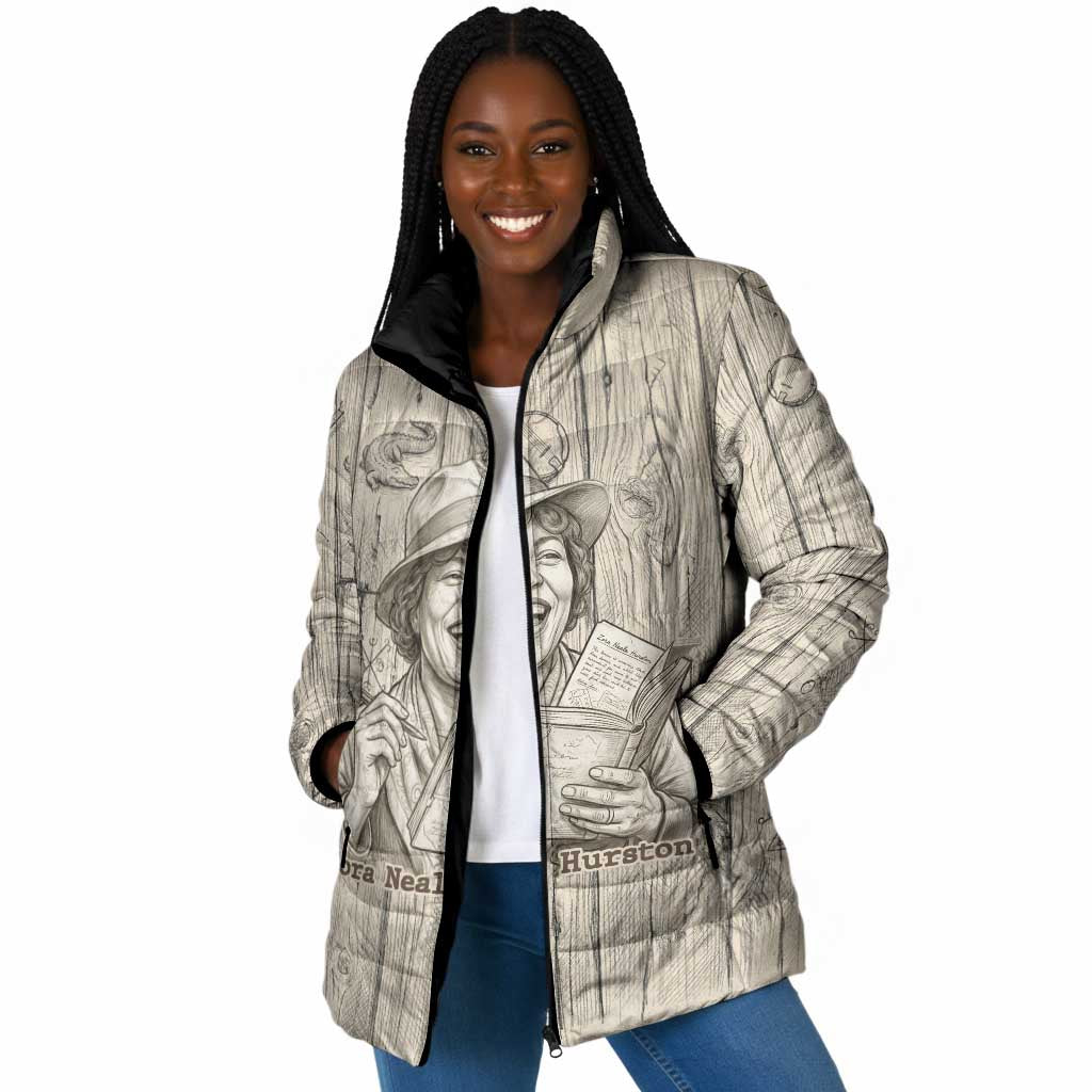 Zora Neale Hurston Padded Jacket Rustic Wood Engraved Style Illustration Joyful Portrait with Book and Map Donkey - Wonder Print Shop