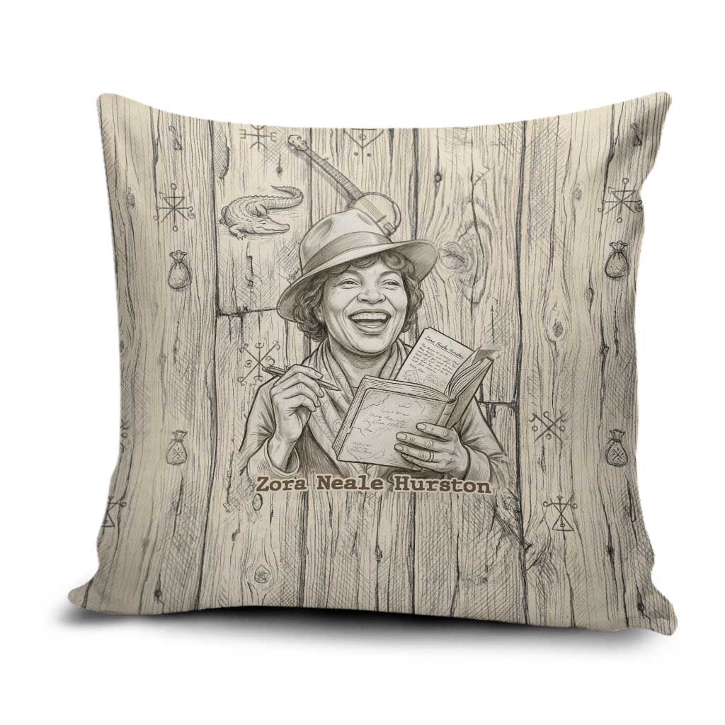 Zora Neale Hurston Pillow Cover Rustic Wood Engraved Style Illustration Joyful Portrait with Book and Map Donkey - Wonder Print Shop