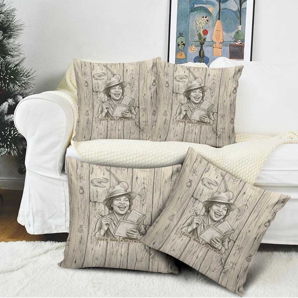 Zora Neale Hurston Pillow Cover Rustic Wood Engraved Style Illustration Joyful Portrait with Book and Map Donkey - Wonder Print Shop