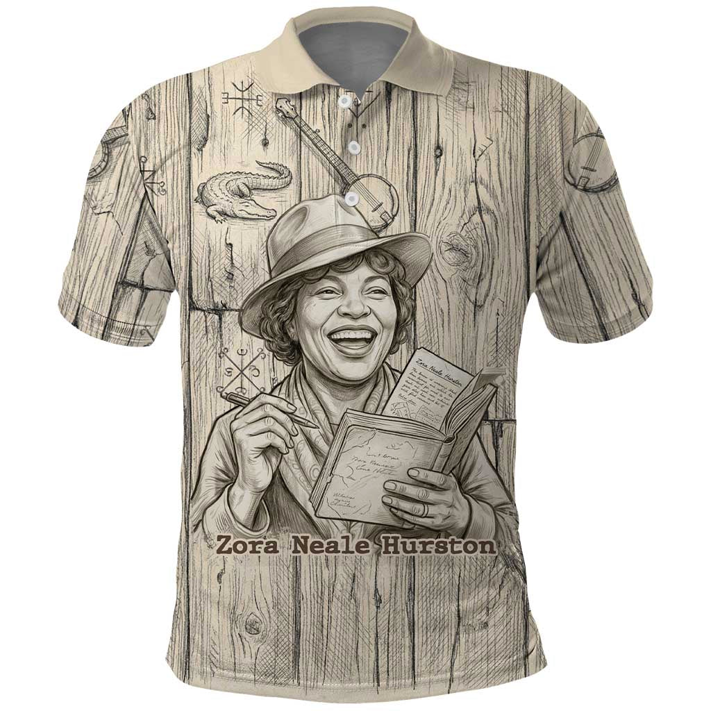 Zora Neale Hurston Polo Shirt Rustic Wood Engraved Style Illustration Joyful Portrait with Book and Map Donkey - Wonder Print Shop