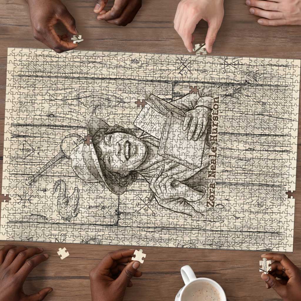 Zora Neale Hurston Puzzle Rustic Wood Engraved Style Illustration Joyful Portrait with Book and Map Donkey - Wonder Print Shop