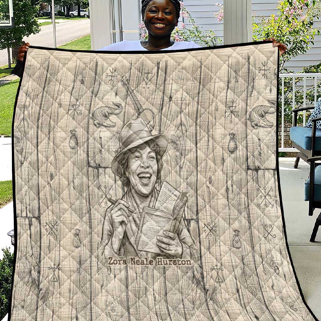 Zora Neale Hurston Quilt Rustic Wood Engraved Style Illustration Joyful Portrait with Book and Map Donkey - Wonder Print Shop