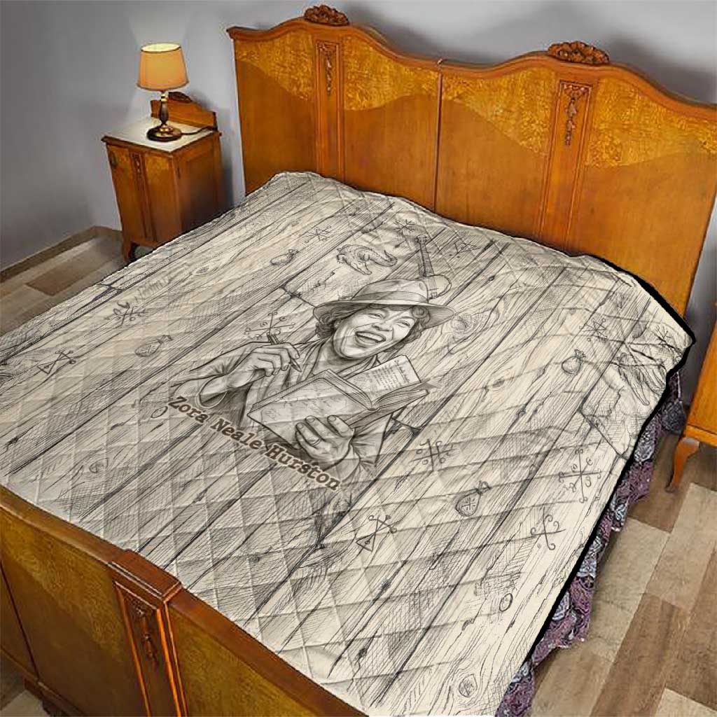 Zora Neale Hurston Quilt Rustic Wood Engraved Style Illustration Joyful Portrait with Book and Map Donkey - Wonder Print Shop