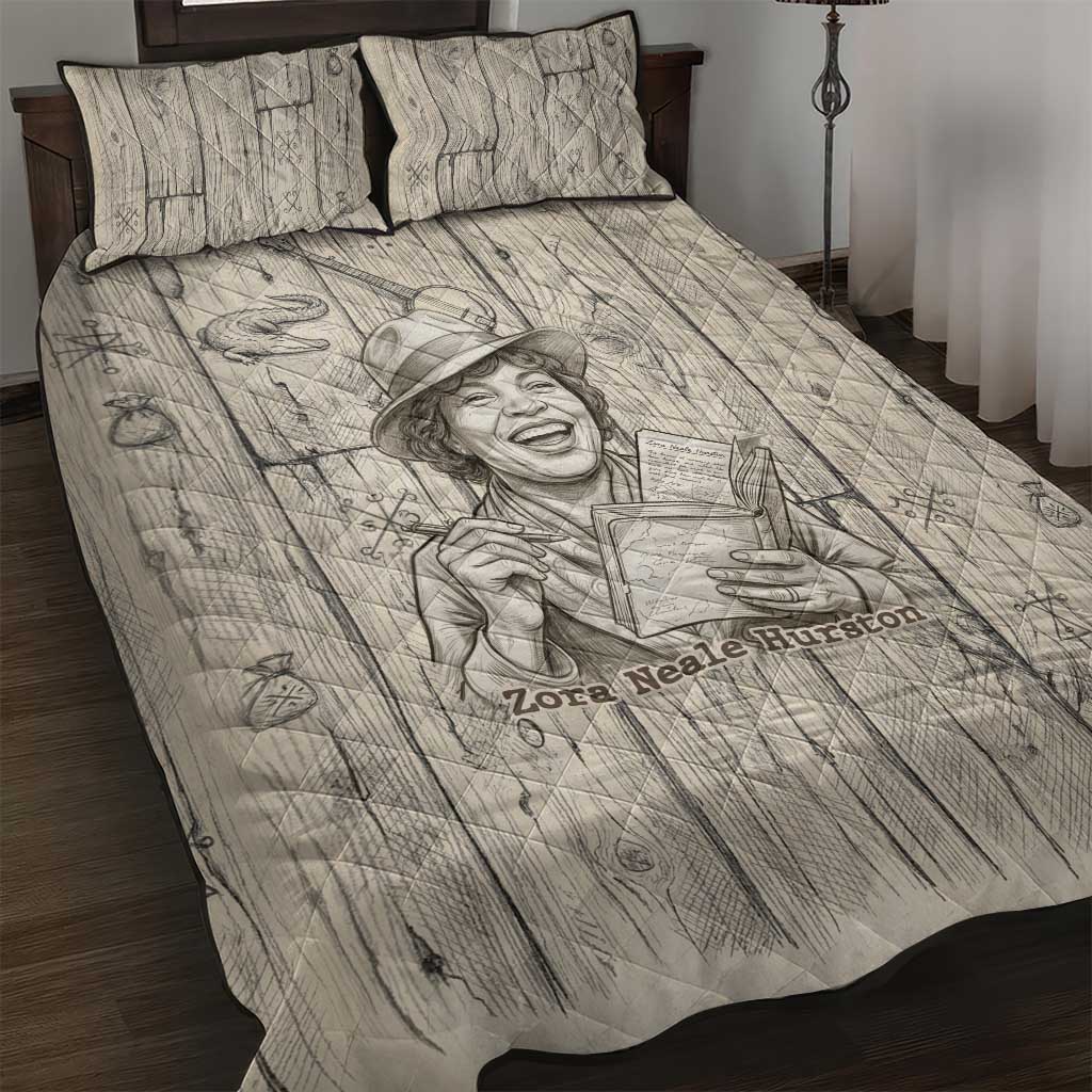 Zora Neale Hurston Quilt Bed Set Rustic Wood Engraved Style Illustration Joyful Portrait with Book and Map Donkey - Wonder Print Shop
