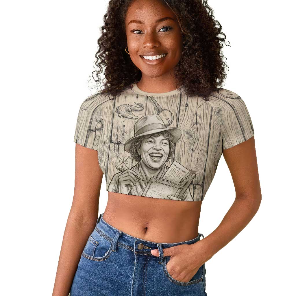 Zora Neale Hurston Raglan Cropped T shirt Rustic Wood Engraved Style Illustration Joyful Portrait with Book and Map Donkey - Wonder Print Shop