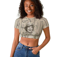 Zora Neale Hurston Raglan Cropped T shirt Rustic Wood Engraved Style Illustration Joyful Portrait with Book and Map Donkey - Wonder Print Shop