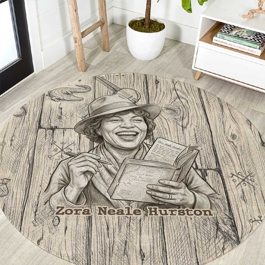 Zora Neale Hurston Round Carpet Rustic Wood Engraved Style Illustration Joyful Portrait with Book and Map Donkey - Wonder Print Shop