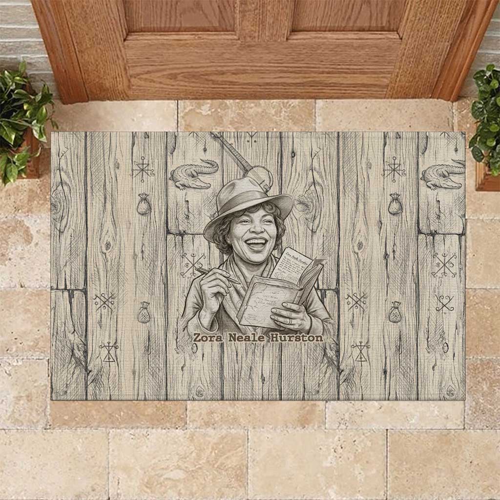 Zora Neale Hurston Rubber Doormat Rustic Wood Engraved Style Illustration Joyful Portrait with Book and Map Donkey - Wonder Print Shop
