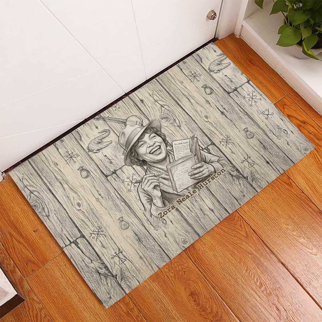 Zora Neale Hurston Rubber Doormat Rustic Wood Engraved Style Illustration Joyful Portrait with Book and Map Donkey - Wonder Print Shop