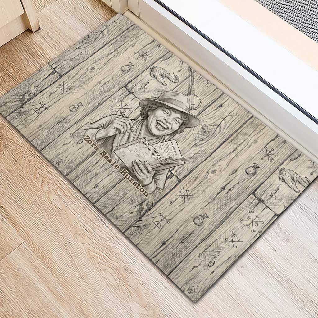 Zora Neale Hurston Rubber Doormat Rustic Wood Engraved Style Illustration Joyful Portrait with Book and Map Donkey - Wonder Print Shop