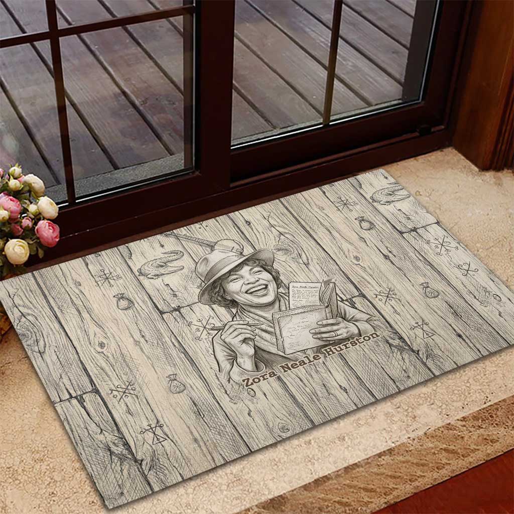 Zora Neale Hurston Rubber Doormat Rustic Wood Engraved Style Illustration Joyful Portrait with Book and Map Donkey - Wonder Print Shop