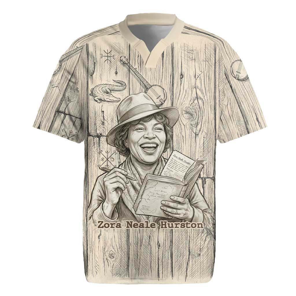 Zora Neale Hurston Rugby Jersey Rustic Wood Engraved Style Illustration Joyful Portrait with Book and Map Donkey - Wonder Print Shop