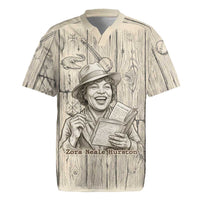 Zora Neale Hurston Rugby Jersey Rustic Wood Engraved Style Illustration Joyful Portrait with Book and Map Donkey - Wonder Print Shop
