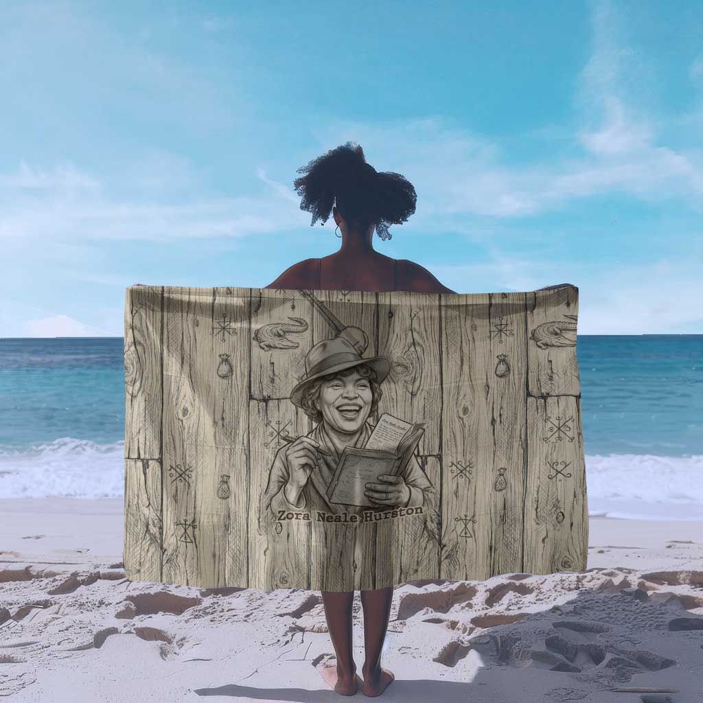 Zora Neale Hurston Sarong Rustic Wood Engraved Style Illustration Joyful Portrait with Book and Map Donkey - Wonder Print Shop