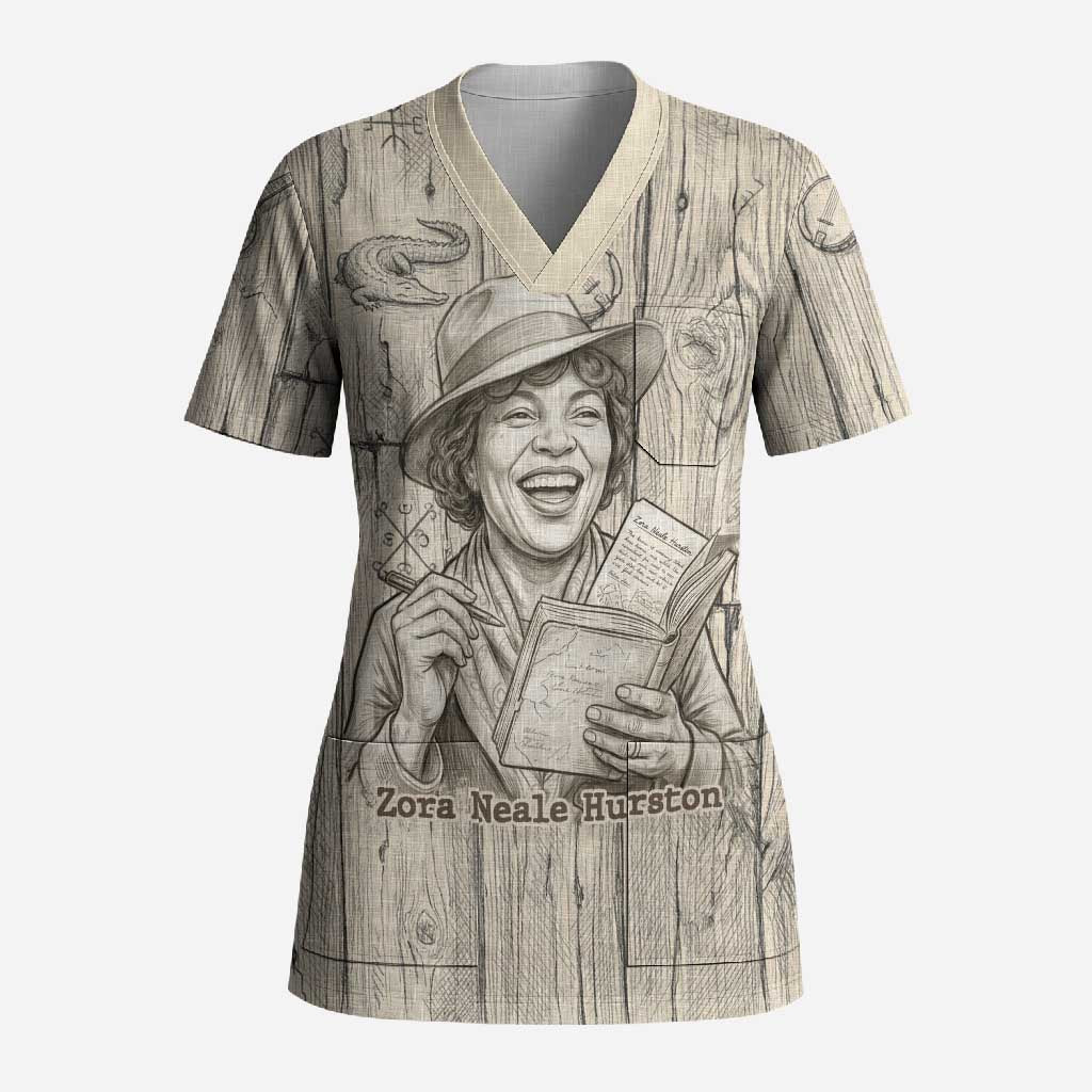 Zora Neale Hurston Scrub Top Rustic Wood Engraved Style Illustration Joyful Portrait with Book and Map Donkey - Wonder Print Shop