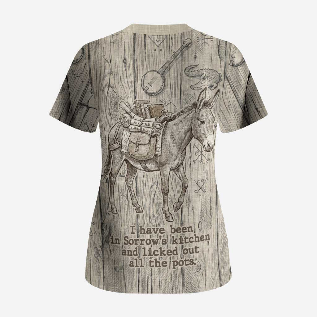 Zora Neale Hurston Scrub Top Rustic Wood Engraved Style Illustration Joyful Portrait with Book and Map Donkey - Wonder Print Shop