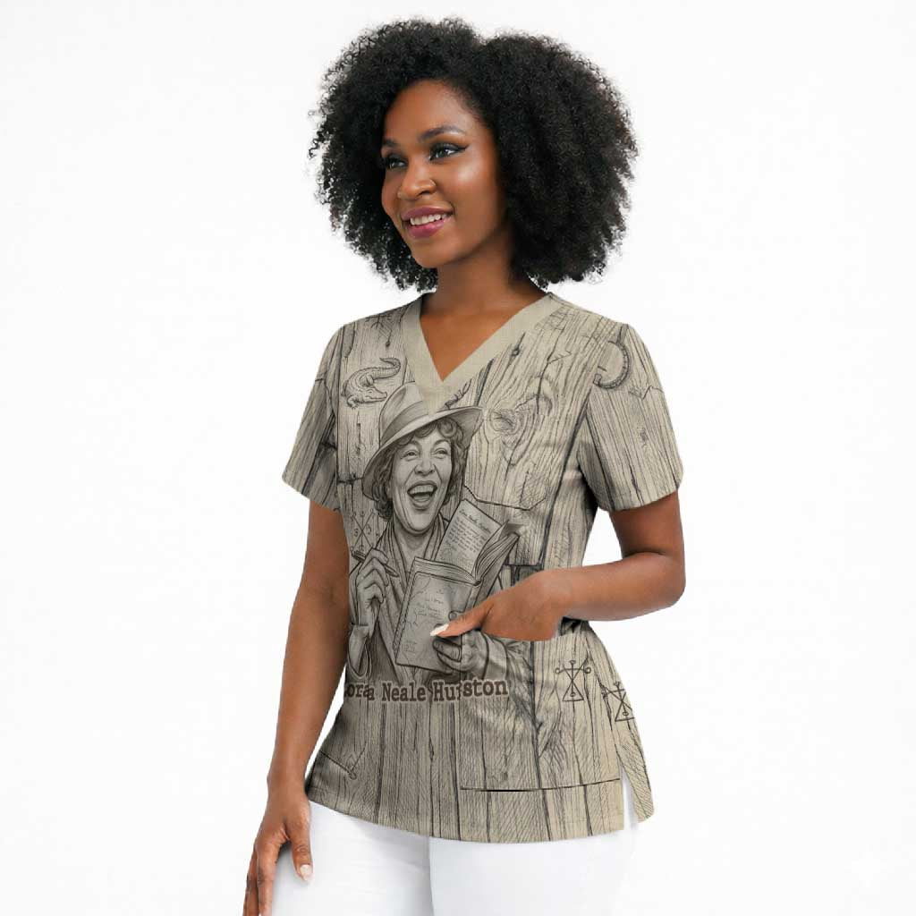 Zora Neale Hurston Scrub Top Rustic Wood Engraved Style Illustration Joyful Portrait with Book and Map Donkey - Wonder Print Shop