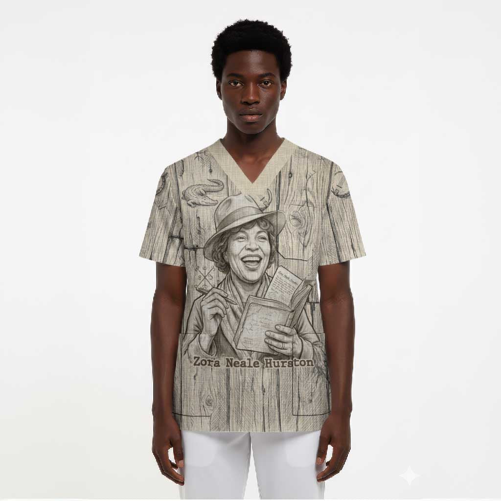 Zora Neale Hurston Scrub Top Rustic Wood Engraved Style Illustration Joyful Portrait with Book and Map Donkey - Wonder Print Shop