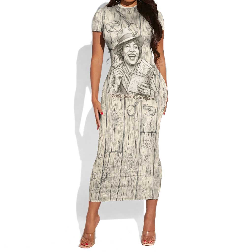 Zora Neale Hurston Short Sleeve Bodycon Dress Rustic Wood Engraved Style Illustration Joyful Portrait with Book and Map Donkey - Wonder Print Shop