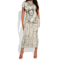 Zora Neale Hurston Short Sleeve Bodycon Dress Rustic Wood Engraved Style Illustration Joyful Portrait with Book and Map Donkey - Wonder Print Shop