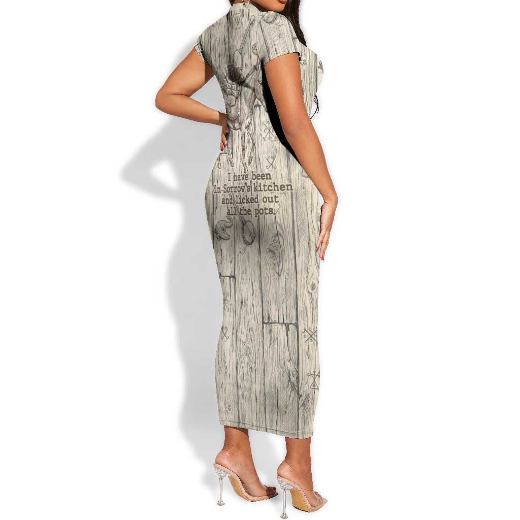 Zora Neale Hurston Short Sleeve Bodycon Dress Rustic Wood Engraved Style Illustration Joyful Portrait with Book and Map Donkey - Wonder Print Shop