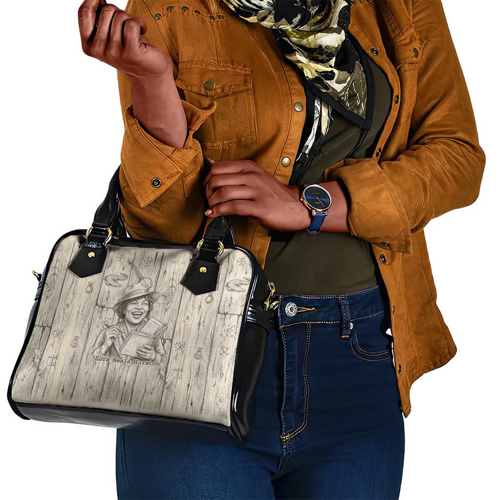 Zora Neale Hurston Shoulder Handbag Rustic Wood Engraved Style Illustration Joyful Portrait with Book and Map Donkey - Wonder Print Shop