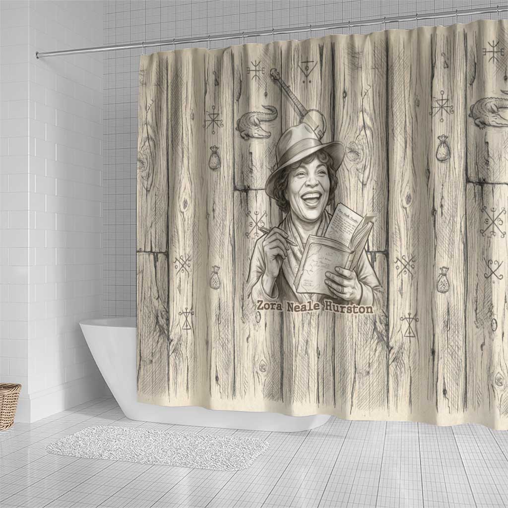 Zora Neale Hurston Shower Curtain Rustic Wood Engraved Style Illustration Joyful Portrait with Book and Map Donkey - Wonder Print Shop