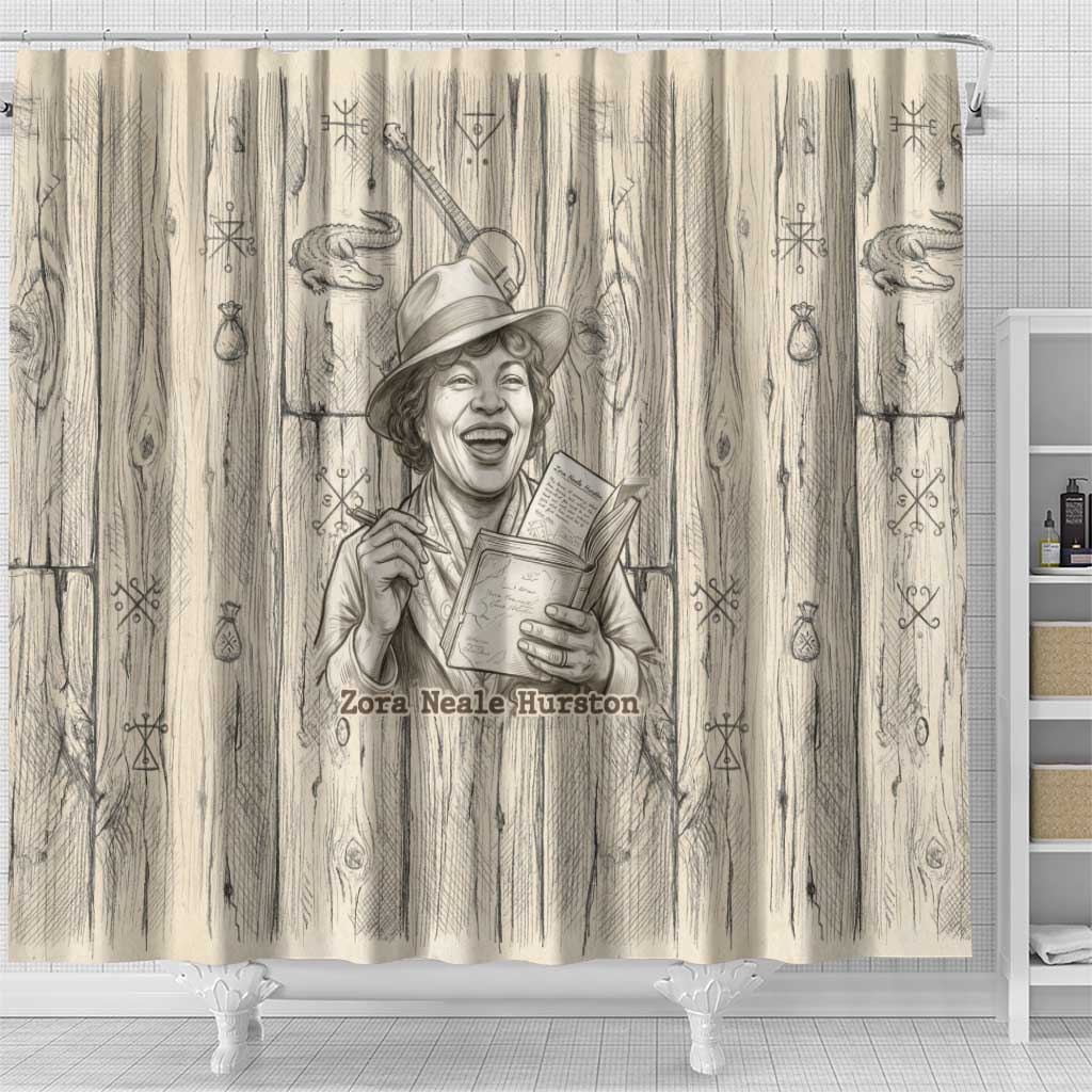 Zora Neale Hurston Shower Curtain Rustic Wood Engraved Style Illustration Joyful Portrait with Book and Map Donkey - Wonder Print Shop