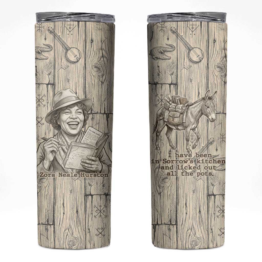 Zora Neale Hurston Skinny Tumbler Rustic Wood Engraved Style Illustration Joyful Portrait with Book and Map Donkey - Wonder Print Shop