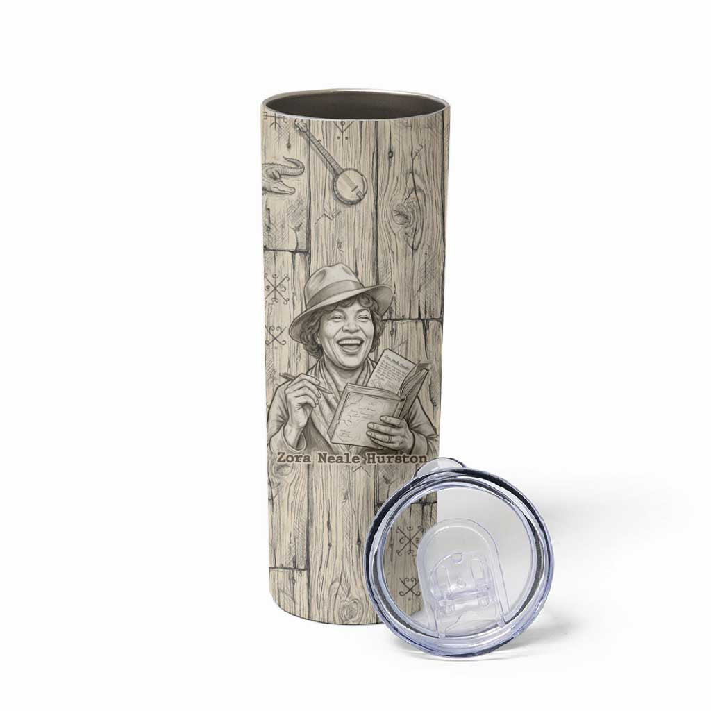 Zora Neale Hurston Skinny Tumbler Rustic Wood Engraved Style Illustration Joyful Portrait with Book and Map Donkey - Wonder Print Shop