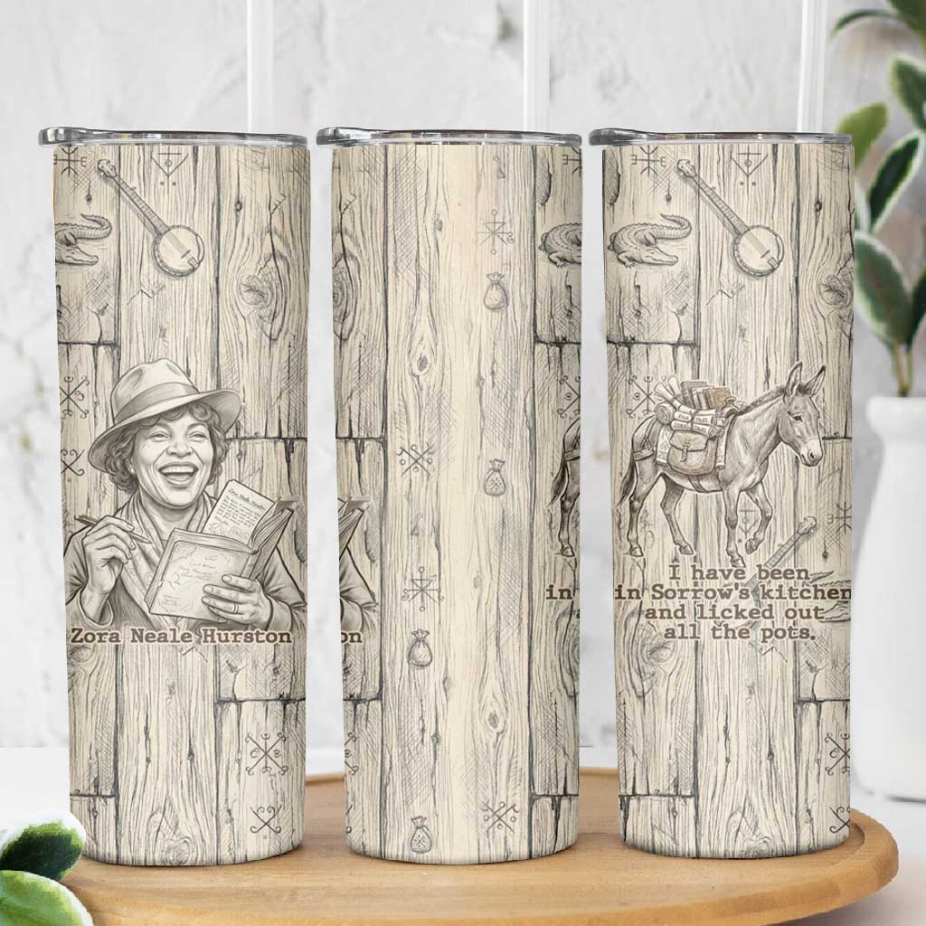 Zora Neale Hurston Skinny Tumbler Rustic Wood Engraved Style Illustration Joyful Portrait with Book and Map Donkey - Wonder Print Shop