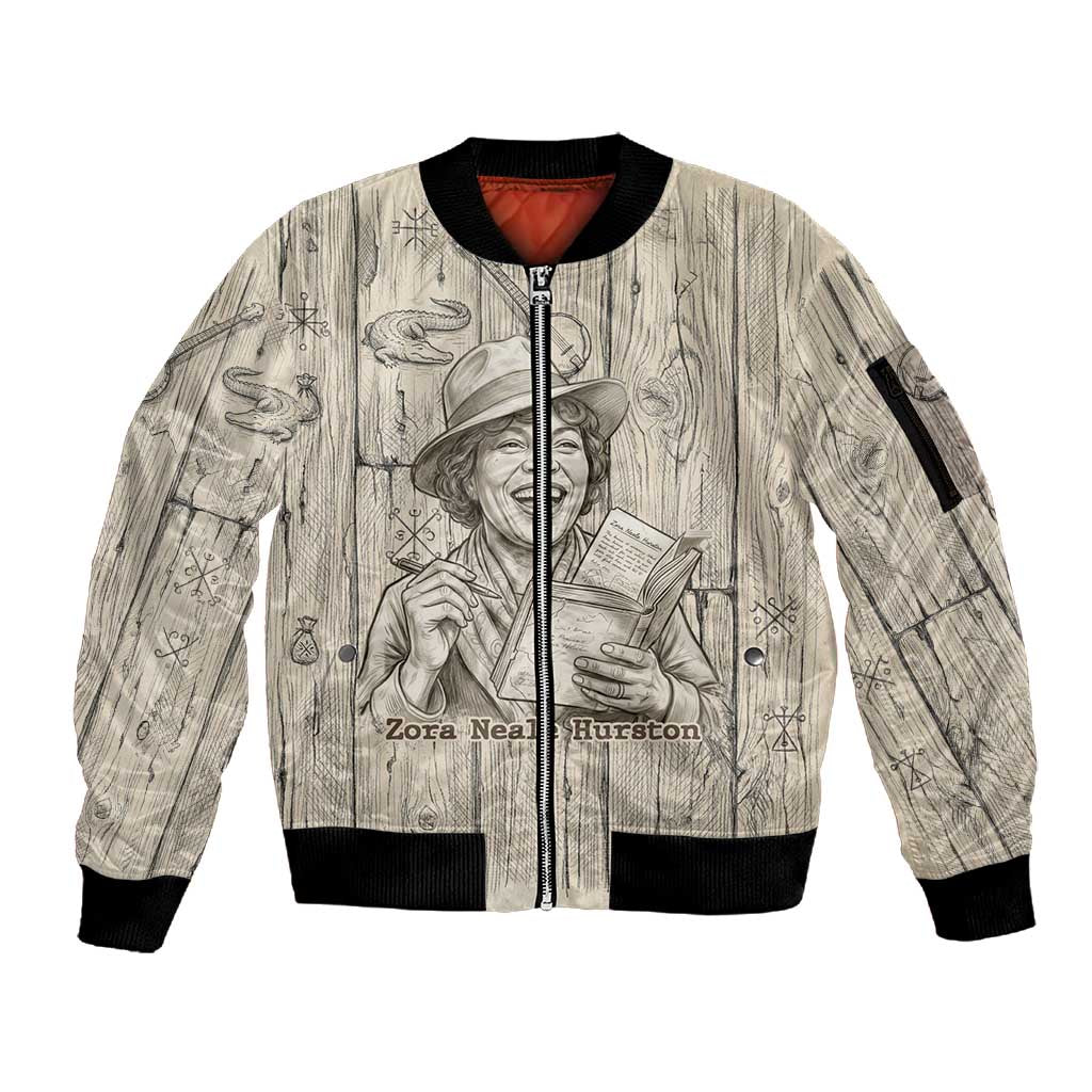 Zora Neale Hurston Sleeve Zip Bomber Jacket Rustic Wood Engraved Style Illustration Joyful Portrait with Book and Map Donkey - Wonder Print Shop
