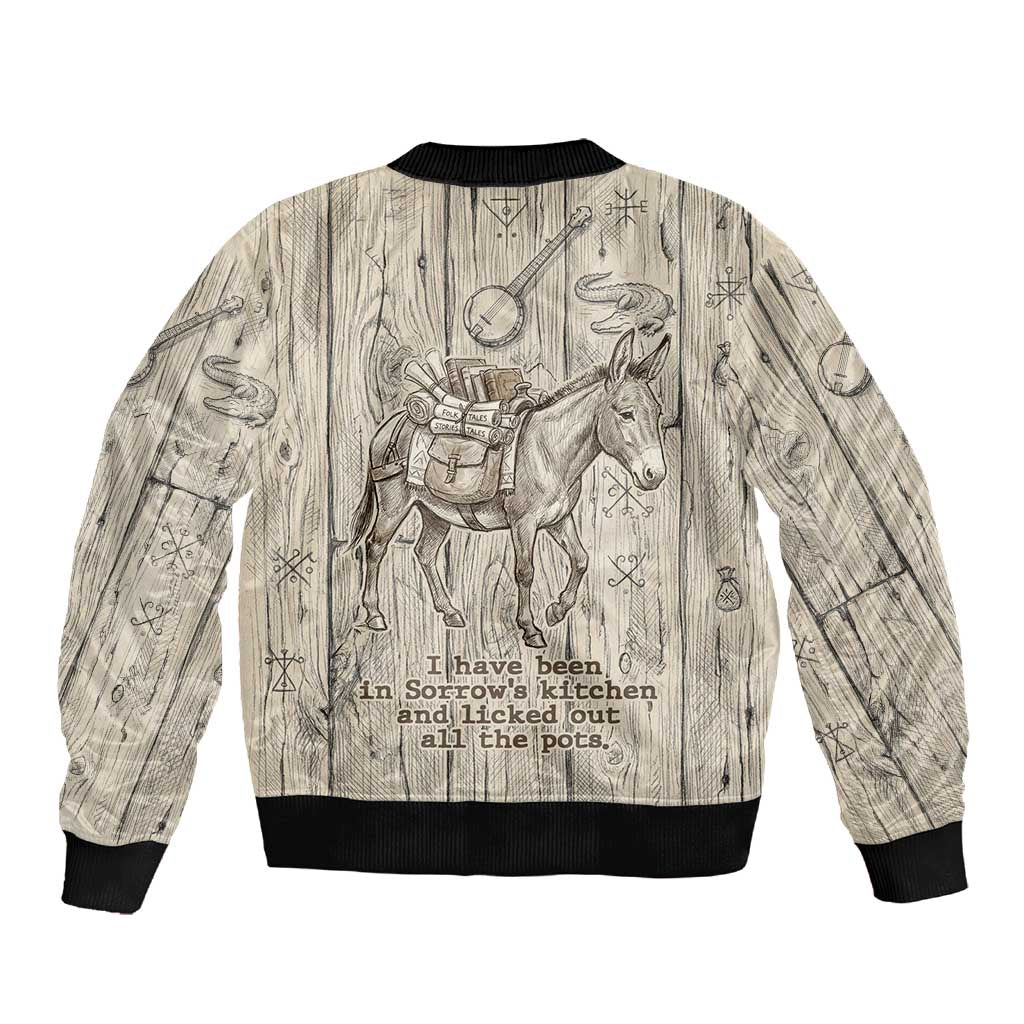 Zora Neale Hurston Sleeve Zip Bomber Jacket Rustic Wood Engraved Style Illustration Joyful Portrait with Book and Map Donkey - Wonder Print Shop