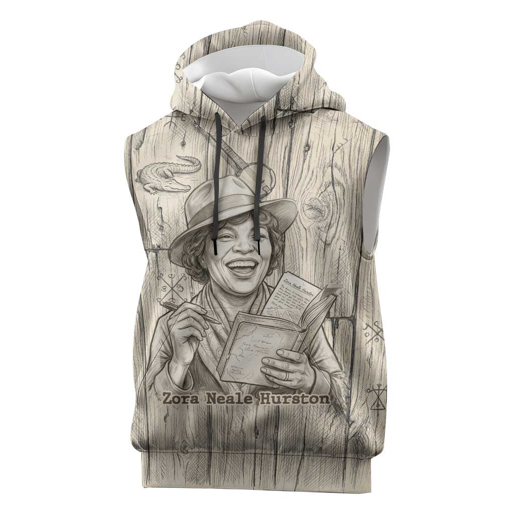 Zora Neale Hurston Sleeveless Hoodie Rustic Wood Engraved Style Illustration Joyful Portrait with Book and Map Donkey - Wonder Print Shop
