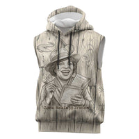 Zora Neale Hurston Sleeveless Hoodie Rustic Wood Engraved Style Illustration Joyful Portrait with Book and Map Donkey - Wonder Print Shop