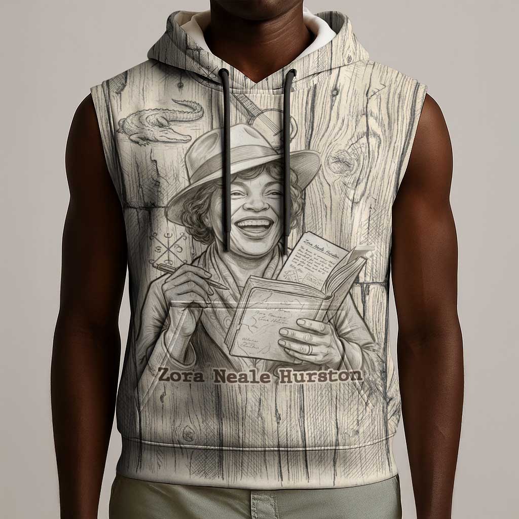 Zora Neale Hurston Sleeveless Hoodie Rustic Wood Engraved Style Illustration Joyful Portrait with Book and Map Donkey - Wonder Print Shop