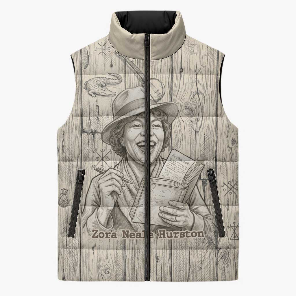Zora Neale Hurston Sleeveless Puffer Jacket Rustic Wood Engraved Style Illustration Joyful Portrait with Book and Map Donkey - Wonder Print Shop