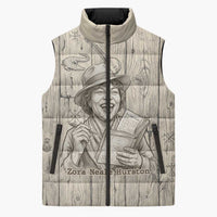 Zora Neale Hurston Sleeveless Puffer Jacket Rustic Wood Engraved Style Illustration Joyful Portrait with Book and Map Donkey - Wonder Print Shop