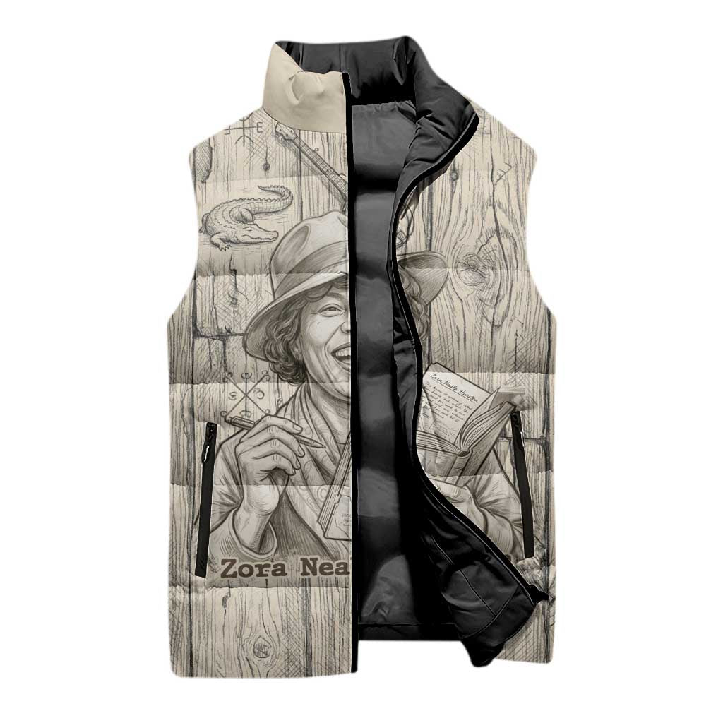 Zora Neale Hurston Sleeveless Puffer Jacket Rustic Wood Engraved Style Illustration Joyful Portrait with Book and Map Donkey - Wonder Print Shop