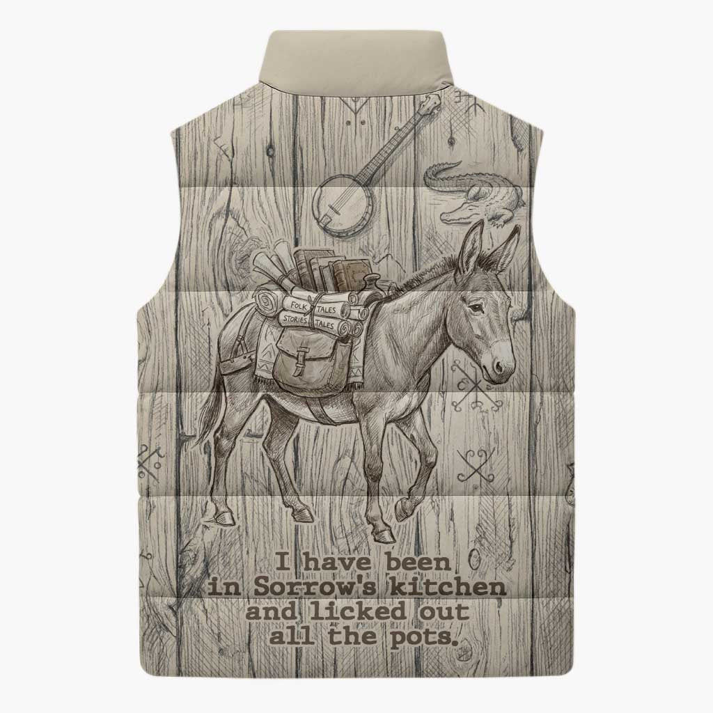 Zora Neale Hurston Sleeveless Puffer Jacket Rustic Wood Engraved Style Illustration Joyful Portrait with Book and Map Donkey - Wonder Print Shop