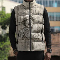Zora Neale Hurston Sleeveless Puffer Jacket Rustic Wood Engraved Style Illustration Joyful Portrait with Book and Map Donkey - Wonder Print Shop