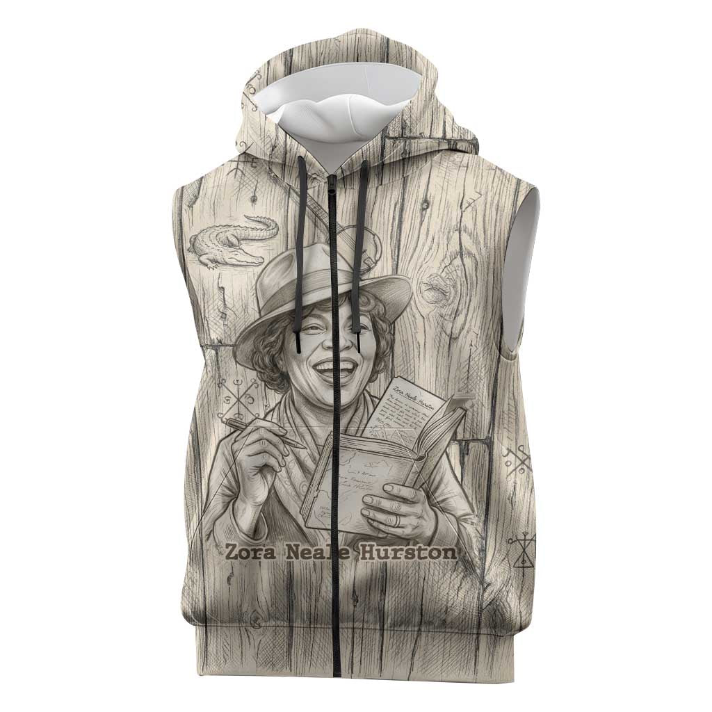 Zora Neale Hurston Sleeveless Zip Hoodie Rustic Wood Engraved Style Illustration Joyful Portrait with Book and Map Donkey - Wonder Print Shop