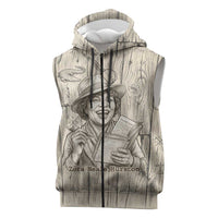 Zora Neale Hurston Sleeveless Zip Hoodie Rustic Wood Engraved Style Illustration Joyful Portrait with Book and Map Donkey - Wonder Print Shop