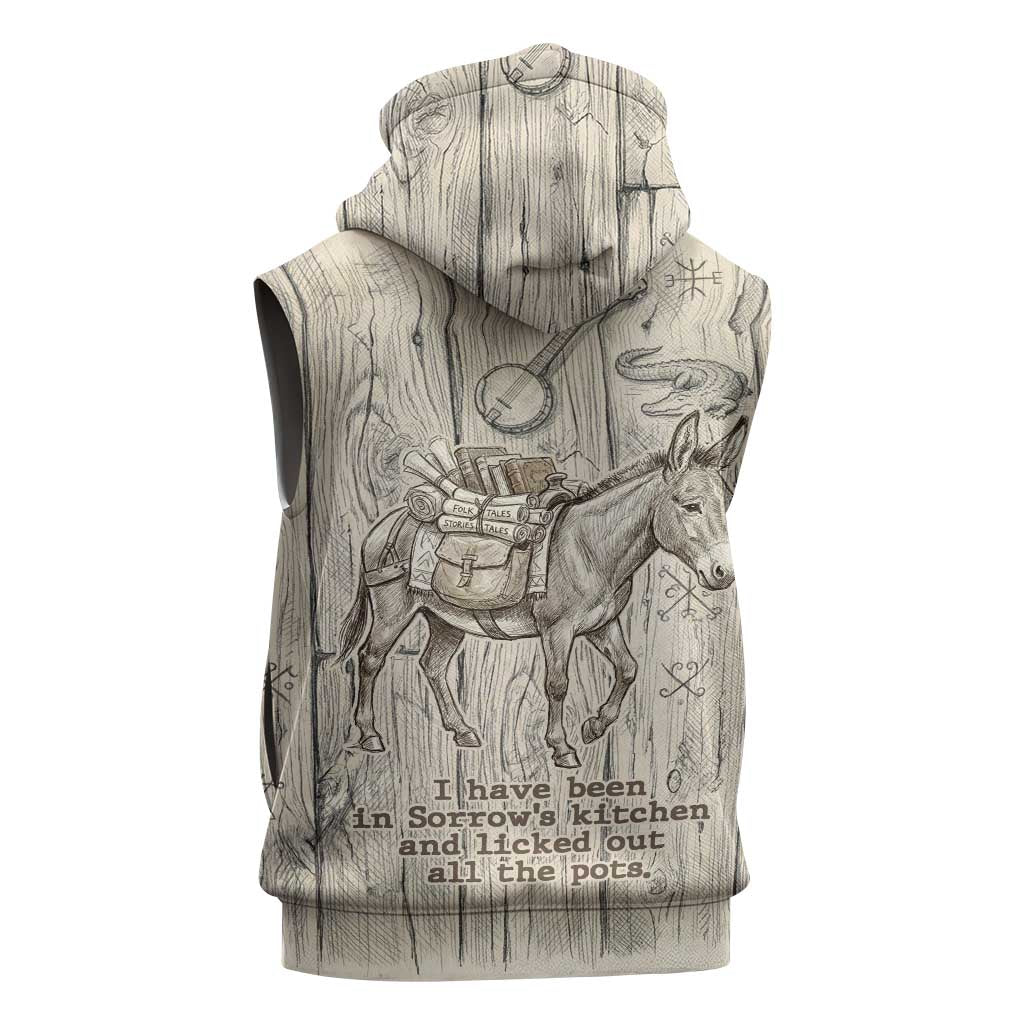 Zora Neale Hurston Sleeveless Zip Hoodie Rustic Wood Engraved Style Illustration Joyful Portrait with Book and Map Donkey - Wonder Print Shop