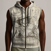 Zora Neale Hurston Sleeveless Zip Hoodie Rustic Wood Engraved Style Illustration Joyful Portrait with Book and Map Donkey - Wonder Print Shop