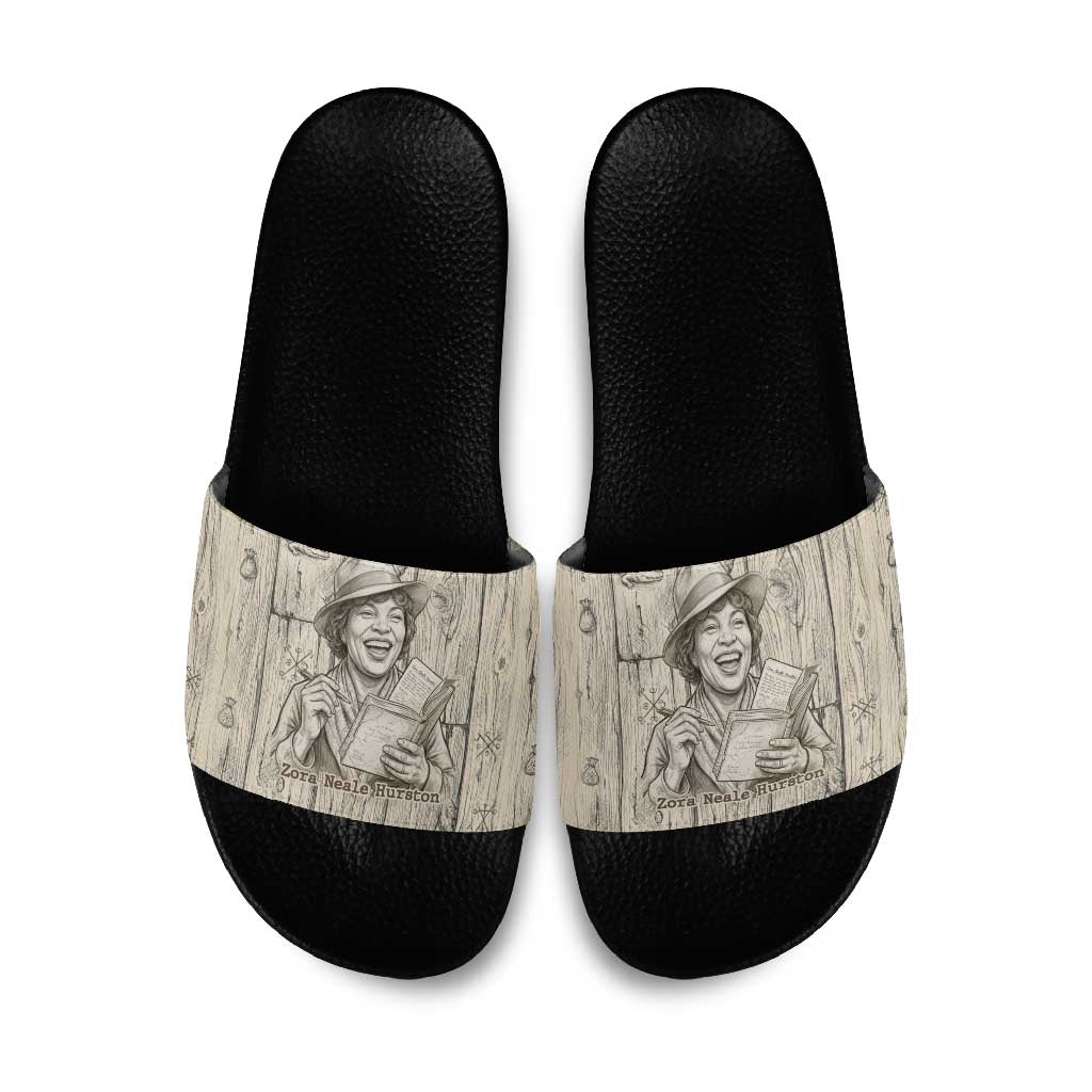 Zora Neale Hurston Slide Sandals Rustic Wood Engraved Style Illustration Joyful Portrait with Book and Map Donkey - Wonder Print Shop