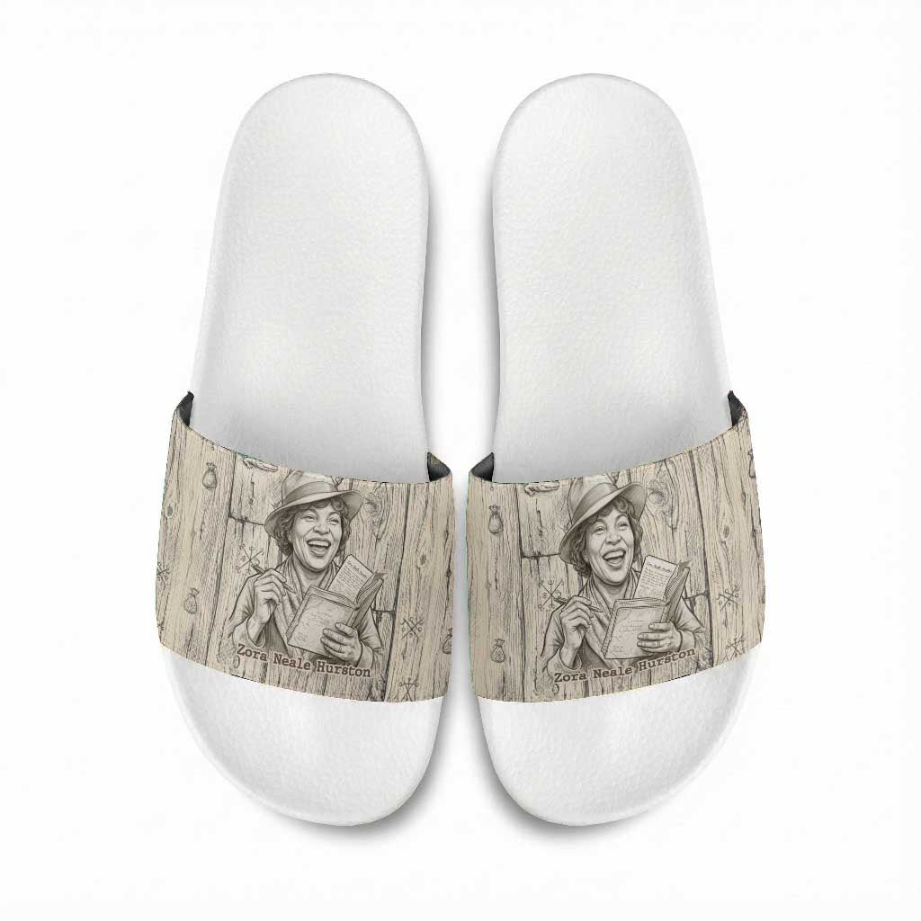 Zora Neale Hurston Slide Sandals Rustic Wood Engraved Style Illustration Joyful Portrait with Book and Map Donkey - Wonder Print Shop